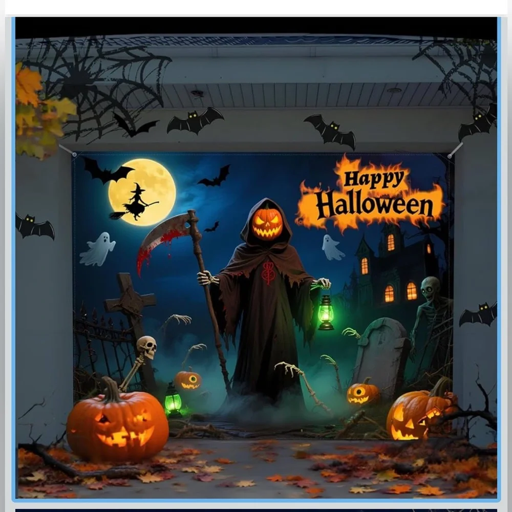 Halloween Party Backdrop with Pumpkins and Skeletons